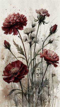 an artistic painting of red flowers in watercolor on white paper with black and gray ink