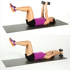 a woman doing an exercise on a mat with dumbbells