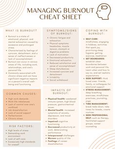 Better manage burnout through this cheat sheet that highlights common causes, symptoms, and ways to cope with burnout. Symptoms Of Burnout, Burn Out Symptoms, Managing Up, Burnout Worksheet, Therapist Burnout, Managing Burnout, How To Heal Yourself, Emotional Burnout, Burnout Symptoms