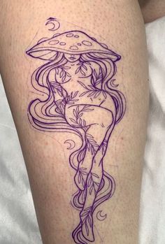 Thick Fairy Tattoo, Flat Sheet Tattoos, Line Work Leg Tattoos Women, Mushroom Body Tattoo, Fairy With Locs Tattoo, Fairy Nature Tattoo, Tattoo Design Drawings Thigh, Goddess Body Tattoo, Mushroom Goddess Tattoo