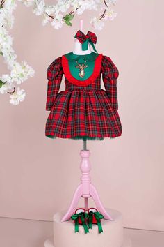 Merry Scottish Pattern Dress Set Scottish Pattern, Satin Long Sleeve Dress, Scottish Christmas, Dresses Details, Reindeer Outfit, Red Leather Shoes, Christmas Dresses, Deer Pattern, Satin Long Sleeve