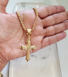 Gold Crucifix Necklace for Men. Cross For Men Made of Real 14k Layered and Bonded Gold Over Semiprecious Metal. High Quality Necklace, Lifetime Replacement Guarantee Chain is a 4mm Cuban Link. The Pendant is Medium Sized at 43mm high and 32mm width. Lifetime Replacement Guarantee Mens Necklace Gold Pendant, Cross Necklace For Men Gold, Gold Rosary Necklace For Men, Chain With Cross Men, Gold Cross Chain For Men, Gold Cross Pendant For Men, Gold Cross Necklace Mens, Cross Chain Men, Gold Cross Necklace Men