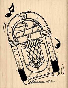 a drawing of a musical device with music notes coming out of the top and bottom