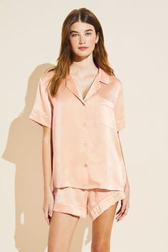 Inez Washable Silk Short PJ Set - Rose Cloud/Champagne - Eberjey Classic Relaxed Fit Sets For Daywear, Classic Sleep Sets With Relaxed Fit, Elegant Solid Color Short Sleeve Sets, Classic Relaxed Fit Loungewear Sets, Elegant Short Sleeve Sets, Classic Summer Sleepwear For Loungewear, Elegant Solid Color Loungewear Sets, Classic Summer Sleepwear, Elegant Summer Lounging Sets