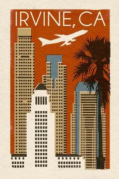 an old style poster with the words los angeles in front of tall buildings and a plane flying over them