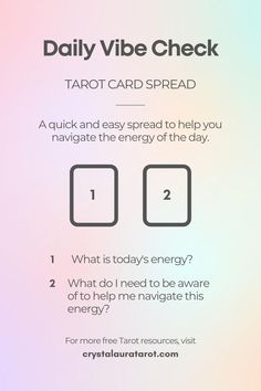 This is a 2 card Tarot Spread, ideal for beginners. It has two cards placed next to eachother horizontally. Card 1 = What is today's energy? Card 2 = What do I need to be aware of to help me navigate this energy? Quick Tarot Reading, Tarot Spreads For Self Reflection, Tarot Cards Learning, Practice Tarot Spreads, Tarot Spreads Daily, Daily Tarot Spreads One Card, Tarot Daily Spread, Tarot How To, Tarot Deck Spreads