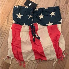 Can Be Worn As Halter Or Tied In Front As A Strapless American Flag Print Beach Top For Summer, American Flag Print Summer Beach Top, Patriotic Beach Tops For 4th Of July, Mexican Peasant Blouse, Pink Velvet Top, Spaghetti Strap Crop Top, Chambray Shorts, High Neck Blouse, Ruffle Sleeve Blouse