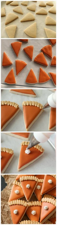 several pictures of different types of cookies being cut into triangles and placed on top of each other