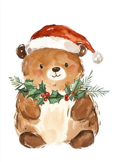 a brown teddy bear wearing a santa hat and holding holly berries with green leaves on it's chest