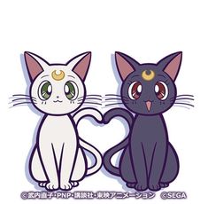 two cartoon cats sitting next to each other on a white background with the words love written in japanese