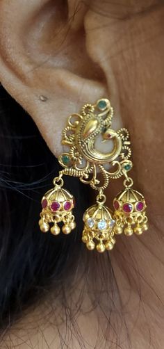 Temple Jewellery - 22 Karat Gold 'Peacock' Drop Earrings with Ruby, Emeralds  & Cz  - 235-GER10966 - in 16.250 Grams for USD $1415.84. 
Made in India by Totaram Jewelers Online this product is in Gold - 22 Karat BIS Hallmark 916 KDM Gold  & is an excellent gift for Adult - Women. Ships fully insured with secured guaranteed delivery for free with your order over $250 from New Jersey USA & comes with 30 days exchange policy. Gold Peacock, Temple Jewellery, Gifts For Adults, 22k Gold, New Jersey, Ruby, Emerald, Drop Earrings, India