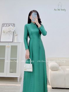 🌻Material: Lụa vân gỗ 🌻Stretchy level: 2/10 🌻 The measurement of this ao dai (long dress) is in Vietnamese size (American size tends to be bigger for the same size). Please LOOK AT THE SIZE CHART CAREFULLY BEFORE ORDERING. There might have some chalk writings on the fabric due to making process. These marks can be washed away easily. 🌻🌻No returns or exchanges Buyer can contact seller about any issues with an order. 🌸 Follow us Facebook/aodaiemily22 www.aodaiemily.com 💜 Thank you very much💜 Elegant Maxi Length Ao Dai For Formal Occasions, Elegant Formal Maxi Length Ao Dai, Elegant Formal Ao Dai Maxi Length, Elegant Long Sleeve Ao Dai For Wedding, Green Ao Dai For Spring Party, Spring Party Green Ao Dai, Elegant Floor-length Ao Dai For Banquet, Elegant Ao Dai For Spring Wedding, Elegant Wedding Ao Dai For Spring