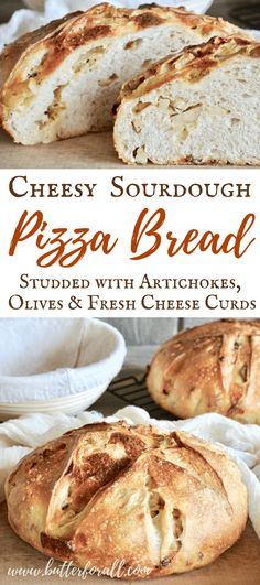 cheesy sourdough pizza bread with artichokes, olives and fresh cheese curls