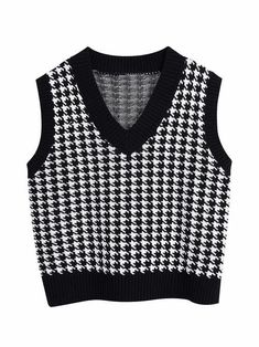 Elevate your winter wardrobe with this luxurious Houndstooth V-Neck Sweater Vet. Made from a soft wool blend, it features a timeless houndstooth pattern and a classic V-neck silhouette. This timeless piece will add a touch of sophistication to any ensemble. Features: Basic style Stretch: Highly stretchy Material composition: 100% polyester Care instructions: Machine wash cold. Tumble dry low. Imported Product measurements: S: bust 42.1 in, length 25 in M: bust 43.7 in, length 25.4 in L: bust 45. Knitted Waistcoat Woman, Waistcoat Women, Knit Waistcoat, Waistcoat Woman, Houndstooth Sweater, Maxi Dress Cocktail, Maxi Dress Formal, Houndstooth Pattern, Loose Sweater