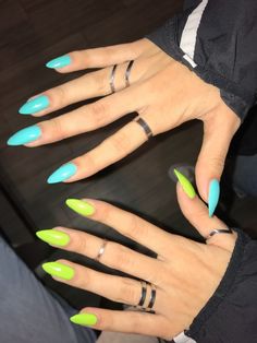 Nails Acrylic Vibrant, Acrylic Nails One Hand Different Color, Multi Nails Color Ideas, Neon Nails Colors, Every Other Nail Color, 2 Nail Color Ideas Each Hand, Two Different Colored Nails On Each Hand Acrylic, 2 Nail Color Ideas