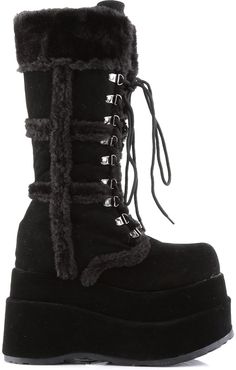 4 1/2" Platform Goth Punk Stacked Vegan Suede Calf Boot - Fit Guide: True to Size - Heel Height: 4 1/2" Platform - Brand: Demonia - Shown in Women's Sizes - Country of Origin: Imported Platform Winter Boots, Black Suede Knee High Boots, Demonia Boots, Alternative Shoes, Demonia Shoes, Leather Knee Boots, Knee Highs, Warm Fuzzies, Black Platform Boots