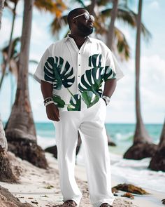 This men's short-sleeved shirt and pants set exudes a strong Hawaiian style with its simple design. The white shirt is dotted with green leaf prints, creating a unique island atmosphere. Paired with simple white trousers, the overall style is fresh and natural. The simple design makes this set versatile, whether it is a vacation or daily leisure, it is an ideal choice. Style: Short-Sleeved Shirt Pants Set Design: Print, Green Leaf, White, Hawaiian Style Fit: Loose Neckline: Lapel Sleeve Length: Trendy Male Outfits Summer, Beach Wear For Men Outfits, Male Hawaiian Outfit, Unique Shirt Designs For Men, Caribbean Outfits Men, Beach Club Outfit Men, Jamaica Outfits Men, Men’s Clothing Beach, Plus Size Male Outfits