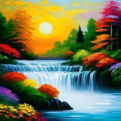 a painting of a waterfall with trees and flowers in the foreground, at sunset