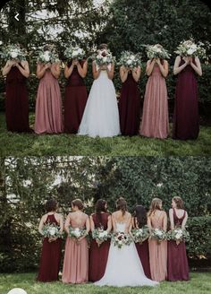 the bridesmaids are all wearing different dresses and bouquets