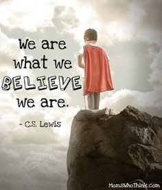 a young boy standing on top of a rock with a bible quote above it that reads, we are what we believe we are