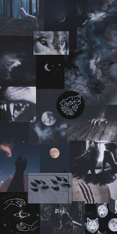 a collage of images with wolfs and moon in the night sky, on top of each other