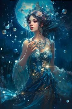 a woman in a blue dress with bubbles floating around her and the moon behind her