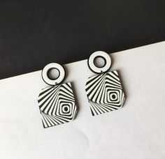 Invisible clip on earrings, Artistic Black And White Geometric Drop Earrings Clip On Earrings, Polymer Clay, Etsy Earrings, Jewelry Earrings, Black And White, Drop Earrings, Black