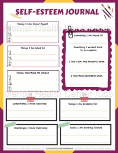 Self-Esteem Journal Worksheet for Kids and Teens Boost Your Self Esteem, Self Esteem Worksheets, Self Esteem Activities, Mental Health Activities, Journal For Kids, Self Esteem Issues, Mental Health Center, Building Self Esteem