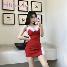 Hnewly Sexy Spaghetti Strap Dress Women Red Christmas Mini Dressses Female Fashion Bodycon Faux Fur Trendy Summer Fits, Party Night Club, Solid Color Pants, Spaghetti Strap Dress, Stylish Jackets, Bodycon Fashion, High Waisted Shorts Denim, Female Fashion, Party Night