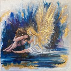 a painting of an angel kneeling in the water