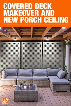 an outdoor covered deck with couches and new porch ceiling is featured in this article