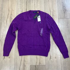 Ralph Lauren Purple Cable Knit Sweater Size L V Neck Purple Wool Long Sleeve Sweater, Classic Cable Knit Long Sleeve V-neck Sweater, Classic Cable Knit V-neck Sweater, Classic Purple Winter Tops, Sweaters Ralph Lauren, Polo Ralph Lauren Sweater, Ralph Lauren Sweaters, Cable Knit Sweater, Men's Style