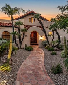 a house with palm trees in front of it and a pathway leading to the entrance