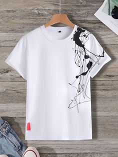 White Casual  Short Sleeve Polyester Graphic  Embellished Slight Stretch Summer Men Tops Typography Shirt Design, Cool Shirt Designs, Trendy Shirt Designs, Design Moda, Stylish Hoodies, Shirt Design Inspiration, Shirt Print Design, Mens Fashion Casual Outfits, Stylish Mens Outfits