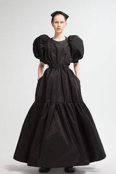 Exaggerated short sleeves taffeta gown - HerTrove Taffeta Gown, Short Puffy Sleeves, Black Fr, Draped Bodice, Ankle Length Skirt, Taffeta Dress, Jewel Neckline, Gathered Sleeves, Skirt Long