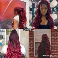 Types Of Curls On Braids, Wine Braids Hairstyles, Wine Red Braids, Mixed Color Box Braids, Short Braid Hairstyles, Cute Back To School Hairstyles, Fun Braids, Short Braid, Twisted Braids