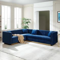 a living room with blue velvet couches and white rugs on the hardwood floor