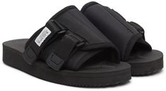 Padded nylon canvas slip-on sandals in black. Webbing trim throughout. · Open round toe · Adjustable Velcro straps and textile logo patch at vamp · Jersey lining · Molded EVA rubber footbed · Treaded rubber sole Supplier color: Black Suicoke Moto Cab, Slip-on Hiking Sandals, Suicoke Sandals, Outdoor Slip-on Footbed Sandals With Buckle Closure, Textile Logo, Black Synthetic T-strap Sandals With Buckle Closure, Velcro Straps, Mens Flip Flop, Luxury Streetwear