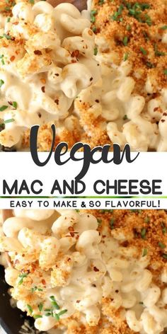 vegan macaroni and cheese in a black bowl with the title above it