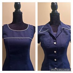 A fitted sleeveless dress in navy blue with contrasting white trim.  The dress has a round neckline, trimmed with white piping.  There is also white piping across the bust line and trimming the arm openings.  Zip back.  It is complimented with a short sleeve jacket that buttons down the front.  Contrasting white piping on the collar and sleeves.  In good vintage condition with no rips or stains.  Made in the USA.  Size 3/4. 100% Polyester.  The bust measures 16 inches from armpit to armpit layin Navy And White Dress, Short Sleeve Jacket, Clothing Inspiration, House Dress, Sleeve Jacket, Dress Form, Jacket Vintage, Navy Dress, Corduroy Jacket