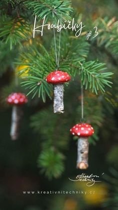 three mushrooms hanging from a tree branch with the words happy holidays written on them in white lettering