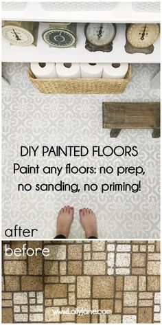 two different pictures with the words diy painted floors and no sanding, no priming