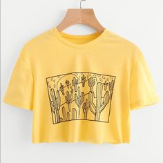 Shein Cactus Print Yellow Cropped Tee. Size Small, Never Used. :) Cactus Graphic, Yellow Crop Top, Small Crop Tops, Yellow T Shirt, Summer Crop Tops, Cactus Print, Vintage Diy, Cropped Tee, Short Sleeve Cropped Top