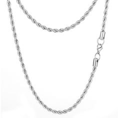 Rope chain silver is designed in Los Angeles using Premium 316L Stainless Steel silver coated in rhodium, which secures an outstanding shine and durability. Bold and shiny, this 5mm rope-style men's necklace shows off its sophisticated style. This silver necklace has a rope-style design, allowing additional durability as each line safely intertwines with every twist in the chain. Add this item to your accessories collection and get endless possibilities for enhancing your daily style and strikin Silver Stainless Steel Rope Chain Necklace, Silver Coat, Men's Necklace, Rope Chain, Sophisticated Style, Bracelet Sizes, Daily Fashion, Silver Chain, Cuff Bracelets