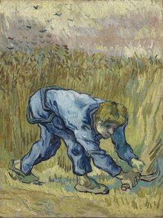 a painting of a man bending over to pick up something out of the ground with his hands