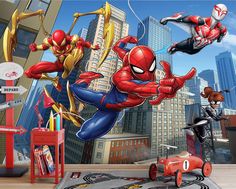 spider - man and other cartoon characters are flying in the air over a cityscape