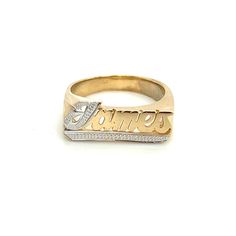 Third generation name jewelry experts feature this beautiful Name Ring. With its Unique white and yellow straight line design, this custom made solid gold name ring is a delightful way to celebrate just about any special occasions. Personalize this custom ring with the name of your choice. Treat yourself or make it a gift for loved ones, birthdays, anniversaries, or celebrations. Great for men women or children. Start a name jewelry collection with this ring or add to your current collection. * Personalized Diamond Engraved Ring Fine Jewelry, Luxury Personalized 14k Gold Diamond Ring, Yellow Gold Engraved Promise Ring With Name, Personalized 14k Gold Diamond Promise Ring, Customizable 14k Yellow Gold Signet Ring, Personalized Yellow Gold Diamond Ring For Anniversary, Personalized Yellow Gold Diamond Promise Ring, Yellow Gold Promise Ring With Engraving, Custom Yellow Gold Diamond Promise Ring