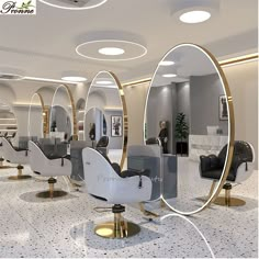 a room with mirrors and chairs in it, all on the same floor as each other