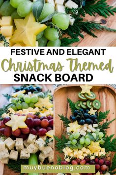 festive and elegant christmas themed snack board with grapes, pineapples, green olives, cheese