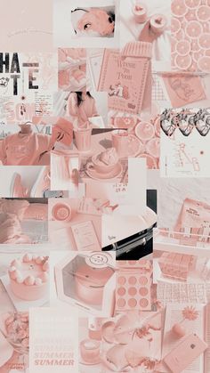 a collage of pink and white items